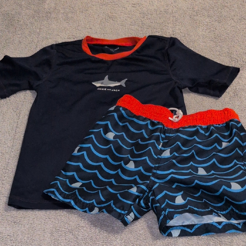 EUC Janie and Jack Blue Shark Swim Set with Red Trim size 6